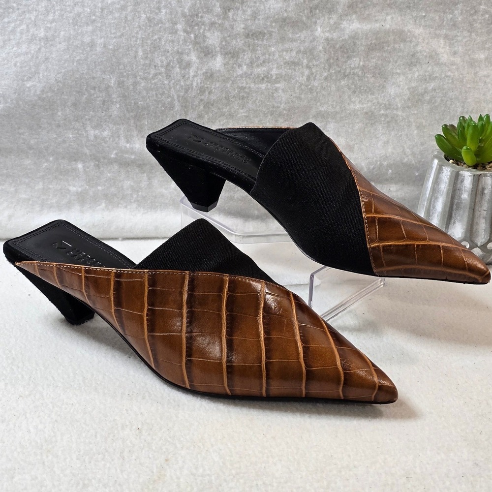 Mercedes Castillo Pointed Toe Mules Brown Croc Embossed‎ Black Cone Heels Size 6